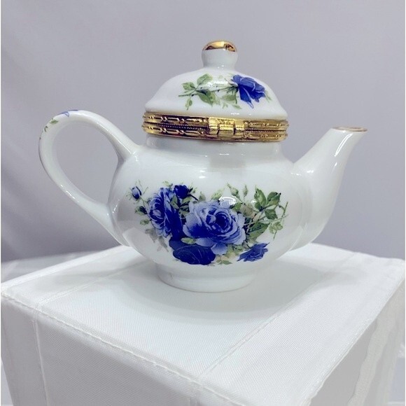 Teapot Blue Rose Floral Pattern Gold 1960’s Trinket Box Formalities by Baum Bros - Picture 3 of 8
